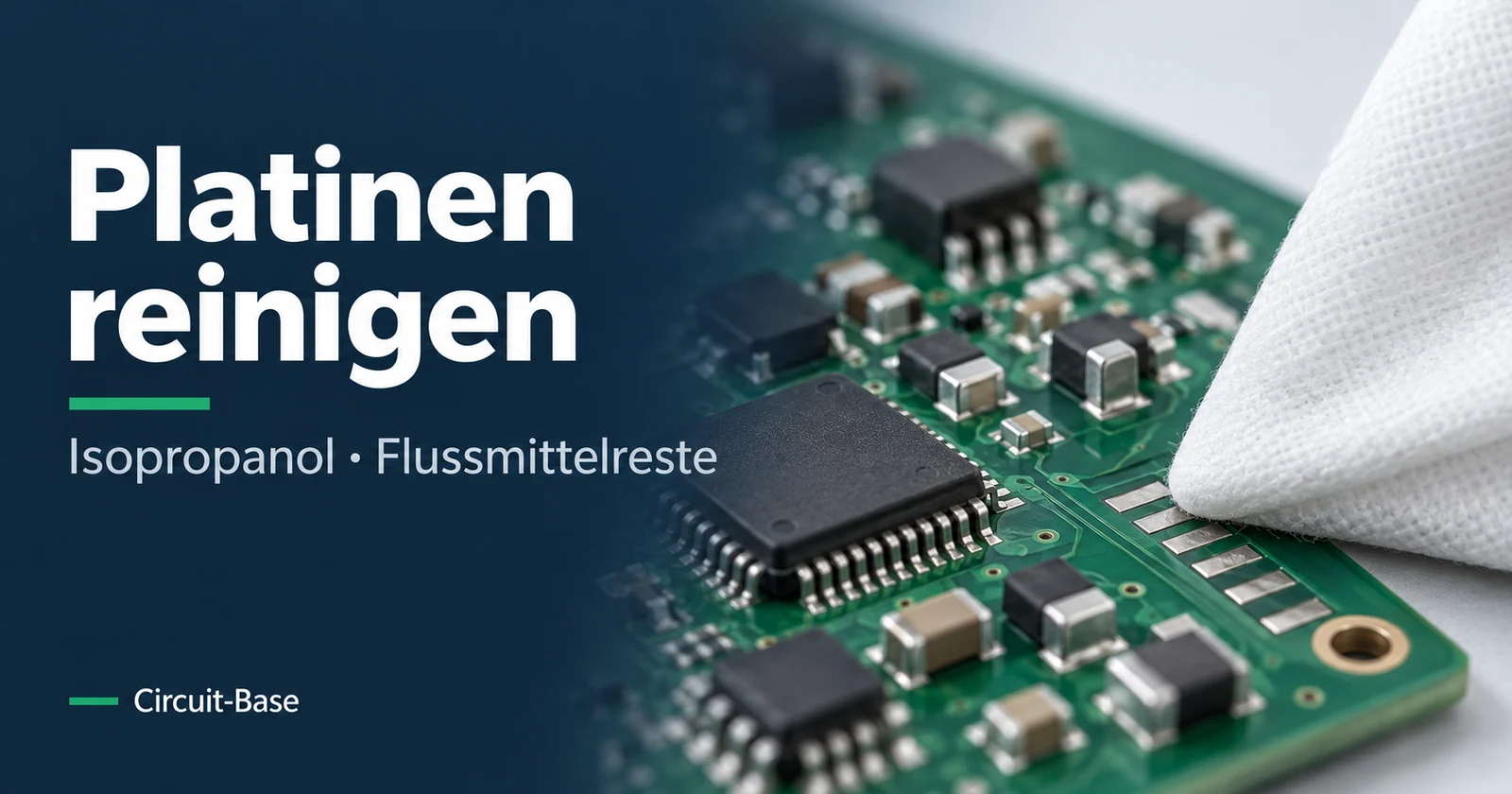 Titelbild „Platinen reinigen“ mit bestückter Leiterplatte und weißem Reinigungstuch.