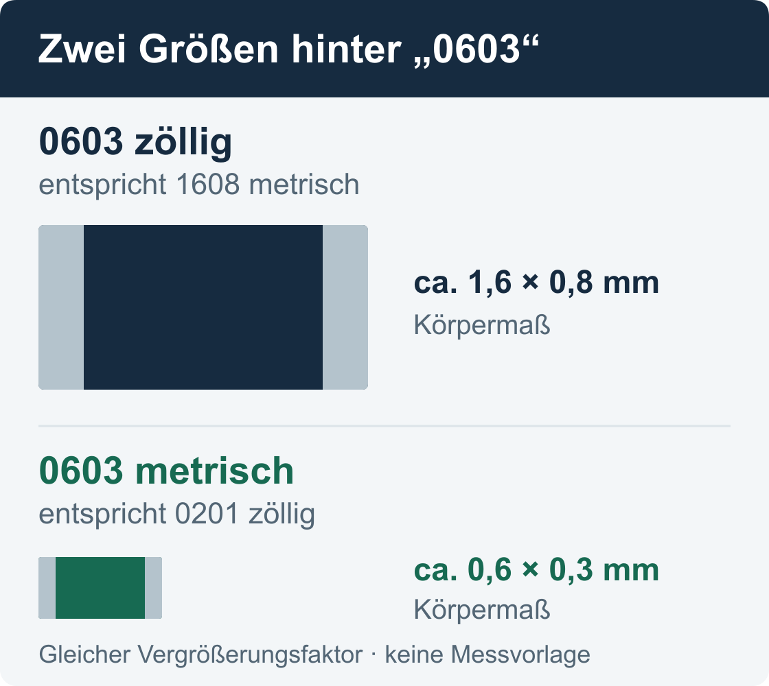 0603 zöllig entspricht etwa 1,6 × 0,8 mm, 0603 metrisch etwa 0,6 × 0,3 mm. Beide Körper sind mit gleichem Vergrößerungsfaktor dargestellt.